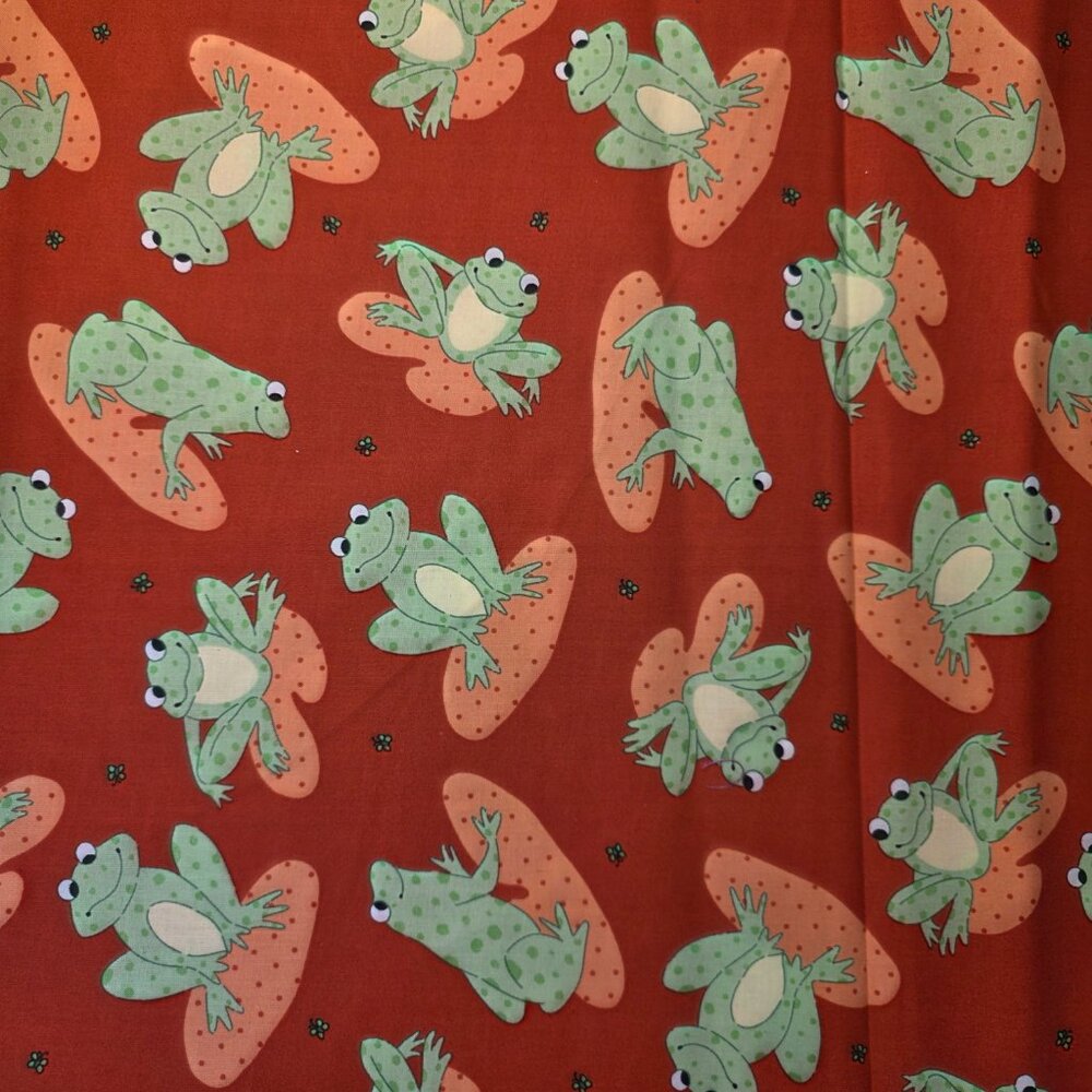 2 yds 4"x 45" wide Small Green Frog Squares on Red Cotton Quilting Fabric